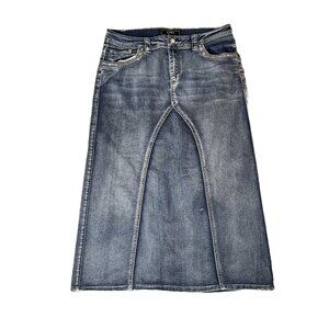 Denim Rhinestone Jean Skirt Long Maxi Sz 12 Pockets Bling Back Slit Trendy CATO